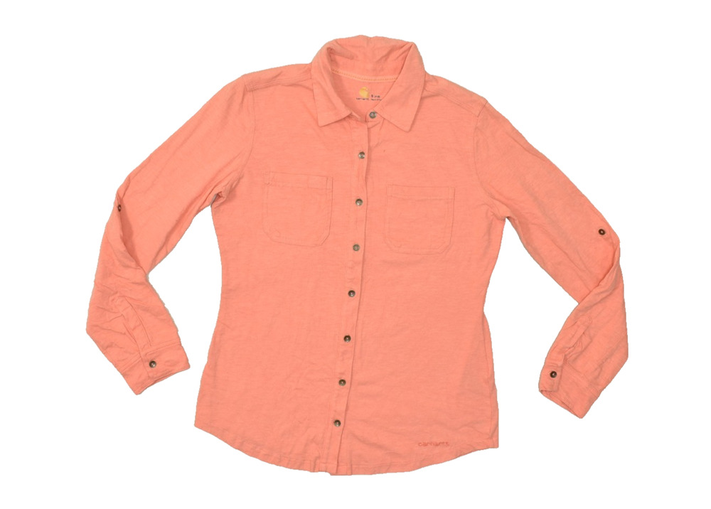 Carhartt Women's Small S 4-6 Peach Pink Slub Cotton Long Sleeve Button Up Utilit
